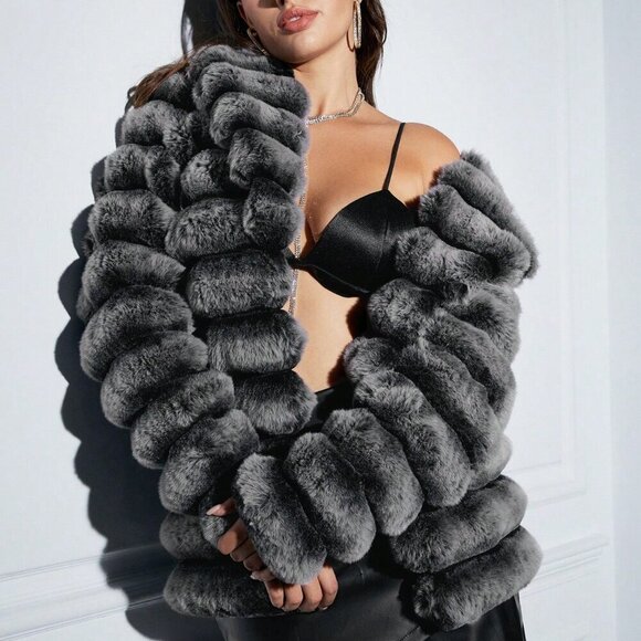 Grey Women's Open Front Fuzzy Coat - Picture 6 of 7
